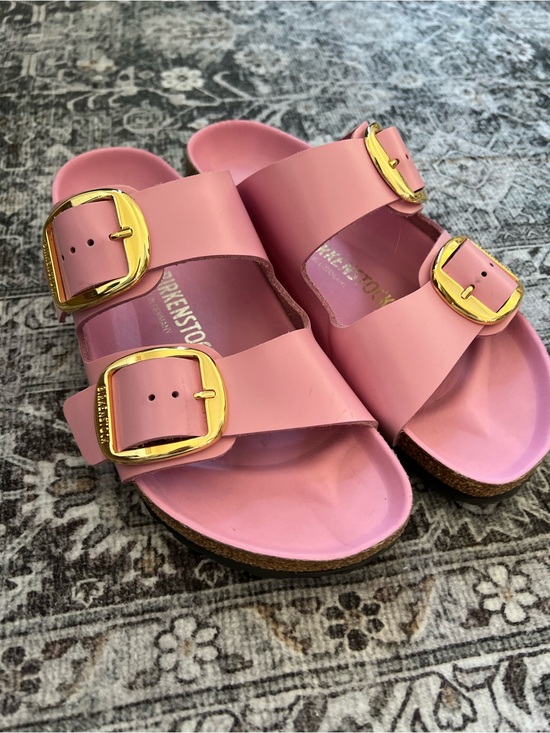 Birkenstock Shoes - Birkenstock Pink Double-Buckle Slide Sandals with Gold Buckles